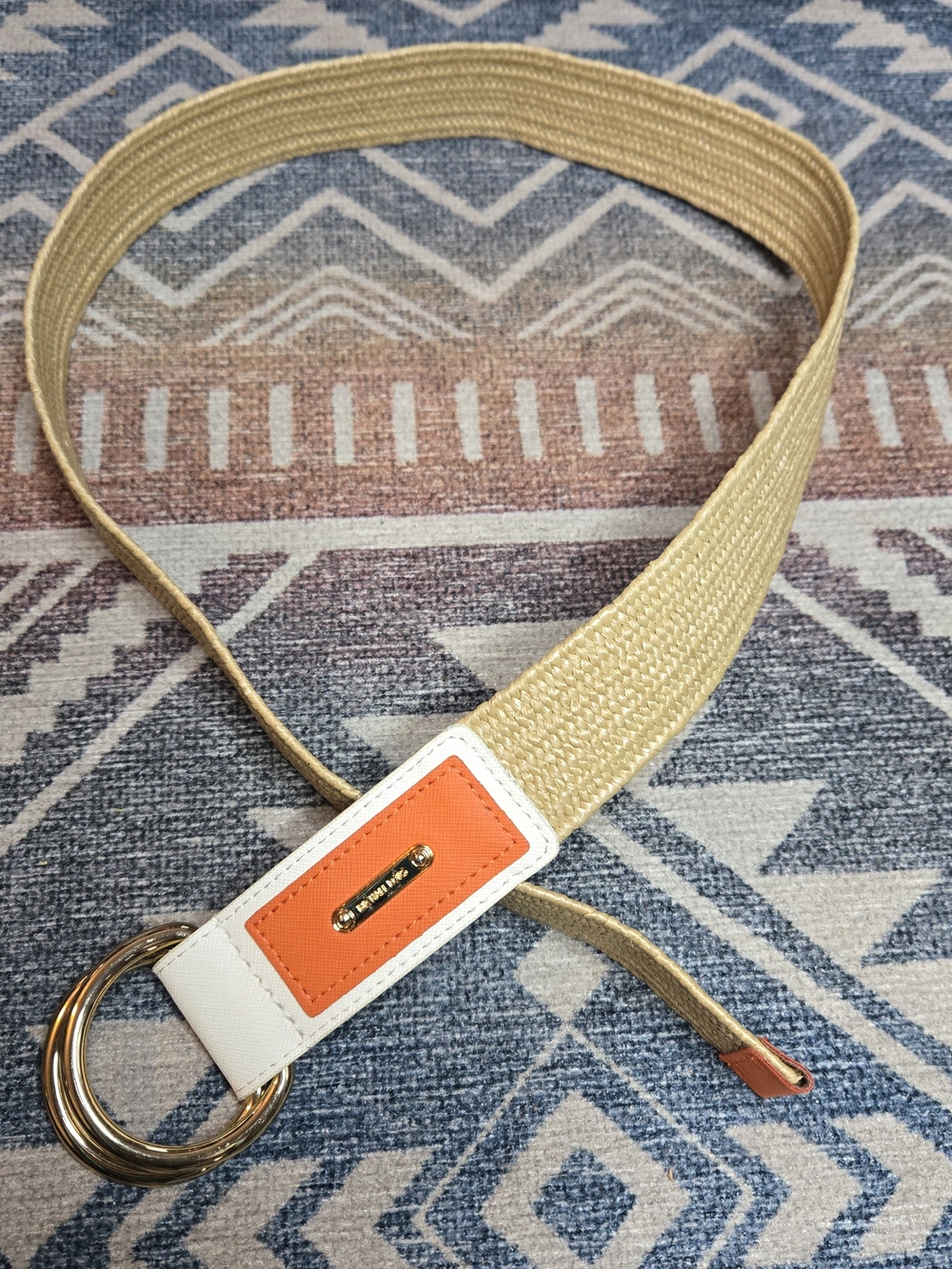 Michael Kors Beige Woven Poly Stretch Belt with Leather Orange and White Trim